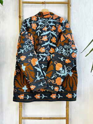 Suzani Hand Embroidered Short Jacket Coat | Winter Boho Luxury Love | Christmas Special Gift | Navy Peach Blue Sherpa Wool Warm - Image 5