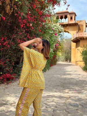 Luxury Hand-print Kaftan Pyjama Coord Set Indian Block-print Pure High Quality Cotton Floral Mughal Motif | Summer Yellow Blue Vibe Peach - Image 5