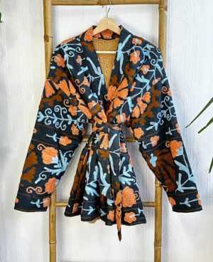 Suzani Hand Embroidered Short Jacket Coat | Winter Boho Luxury Love | Christmas Special Gift | Navy Peach Blue Sherpa Wool Warm - Image 6