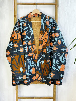 Suzani Hand Embroidered Short Jacket Coat | Winter Boho Luxury Love | Christmas Special Gift | Navy Peach Blue Sherpa Wool Warm - Image 7