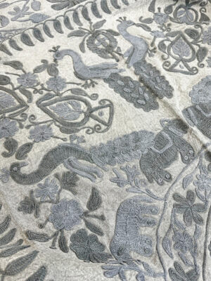 Wool Embroidery Suzani Stonewash Artisinal Handmade Stitch Elegant Sofa Bed Cotton Wall Decor Throw | Elegant Colours Grey White - Image 2