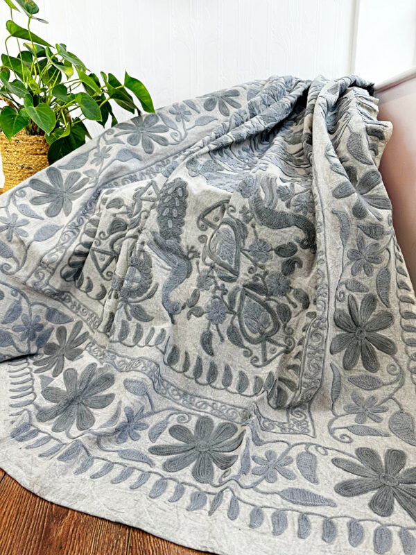 Wool Embroidery Suzani Stonewash Artisinal Handmade Stitch Elegant Sofa Bed Cotton Wall Decor Throw | Elegant Colours Grey White