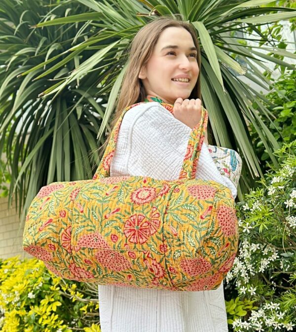 Quilted Duffle Tote Shoulder Bag Cotton Mustard Peach Floral Eco friendly Sturdy Yoga Shopping Beach Artist Boho Weekender Holiday