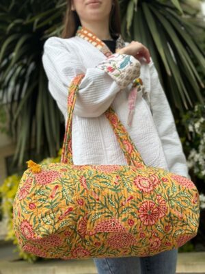 Quilted Duffle Tote Shoulder Bag Cotton Mustard Peach Floral Eco friendly Sturdy Yoga Shopping Beach Artist Boho Weekender Holiday - Image 2