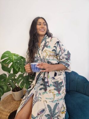 Pure Waffle Cotton Unisex Handprint House Bath Robe Summer Kimono | Floral Spa Beach Coverup | Spring Navy Blue Jungle Safari Animal Cheetah - Image 2