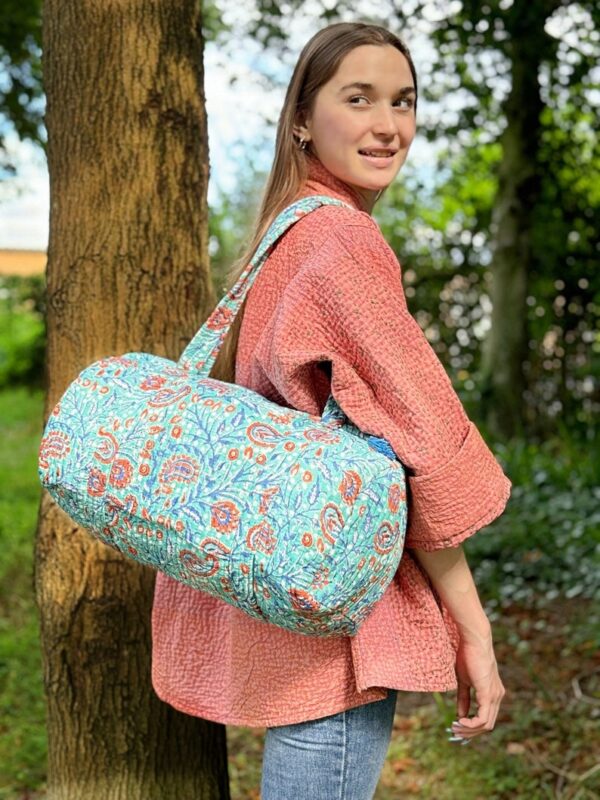 Quilted Duffle Tote Shoulder Aqua Orange Bag Cotton Handprint Summer Floral Eco friendly Sustainable Sturdy Yoga Shopping Beach Artist Boho