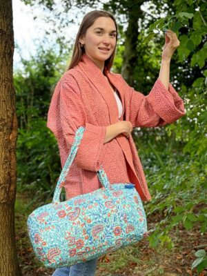 Quilted Duffle Tote Shoulder Aqua Orange Bag Cotton Handprint Summer Floral Eco friendly Sustainable Sturdy Yoga Shopping Beach Artist Boho - Image 2