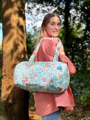 Quilted Duffle Tote Shoulder Aqua Orange Bag Cotton Handprint Summer Floral Eco friendly Sustainable Sturdy Yoga Shopping Beach Artist Boho - Image 3