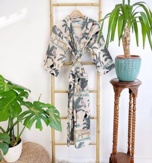 Pure Waffle Cotton Unisex Handprint House Bath Robe Summer Kimono | Floral Spa Beach Coverup | Spring Navy Blue Jungle Safari Animal Cheetah - Image 9