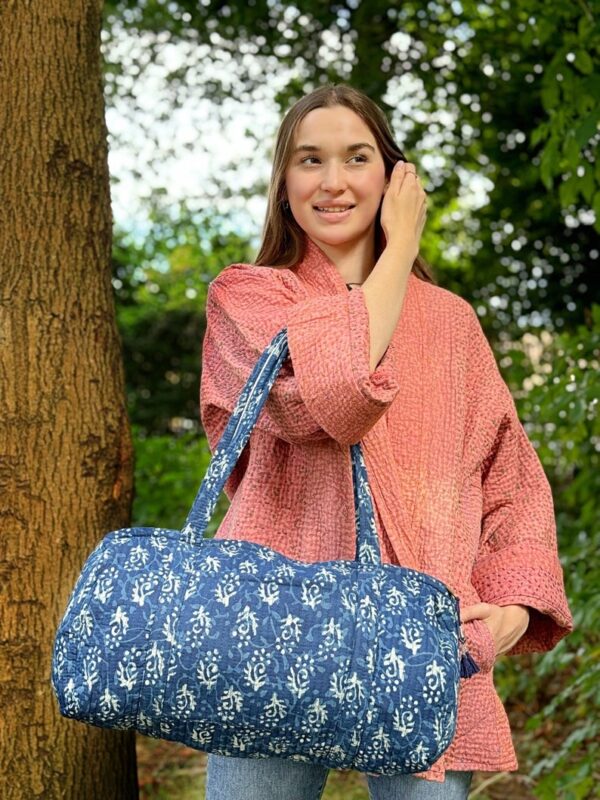 Quilted Duffle Tote Shoulder Indigo Blue White Bag Cotton Floral Eco friendly Sustainable Sturdy | Yoga Shopping Beach Artist Boho Bagpack