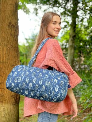 Quilted Duffle Tote Shoulder Indigo Blue White Bag Cotton Floral Eco friendly Sustainable Sturdy | Yoga Shopping Beach Artist Boho Bagpack - Image 2