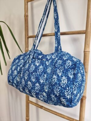 Quilted Duffle Tote Shoulder Indigo Blue White Bag Cotton Floral Eco friendly Sustainable Sturdy | Yoga Shopping Beach Artist Boho Bagpack - Image 3