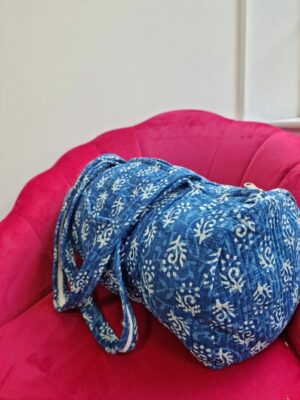 Quilted Duffle Tote Shoulder Indigo Blue White Bag Cotton Floral Eco friendly Sustainable Sturdy | Yoga Shopping Beach Artist Boho Bagpack - Image 4