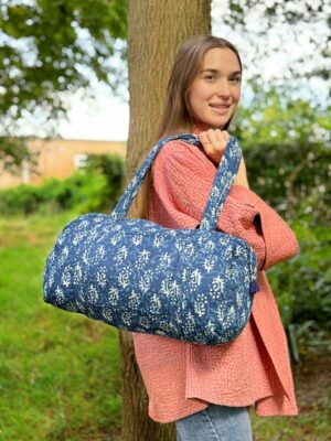 Quilted Duffle Tote Shoulder Indigo Blue White Bag Cotton Floral Eco friendly Sustainable Sturdy | Yoga Shopping Beach Artist Boho Bagpack - Image 5