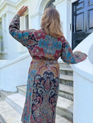 Luxury Pure Merino Boiled Wool Unisex Paisley Floral Kimono Jacket Robe | Persian Steel Red Baroque Blue Mughal Paisley Winter | Love Gift - Image 2