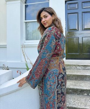 Luxury Pure Merino Boiled Wool Unisex Paisley Floral Kimono Jacket Robe | Persian Steel Red Baroque Blue Mughal Paisley Winter | Love Gift - Image 3