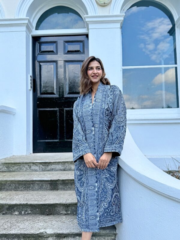 Luxury Pure Merino Boiled Wool Unisex Paisley Floral Kimono Jacket Robe | Persian Steel Blue Baroque White Mughal Paisley Winter | Love Gift