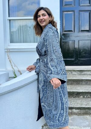 Luxury Pure Merino Boiled Wool Unisex Paisley Floral Kimono Jacket Robe | Persian Steel Blue Baroque White Mughal Paisley Winter | Love Gift - Image 2