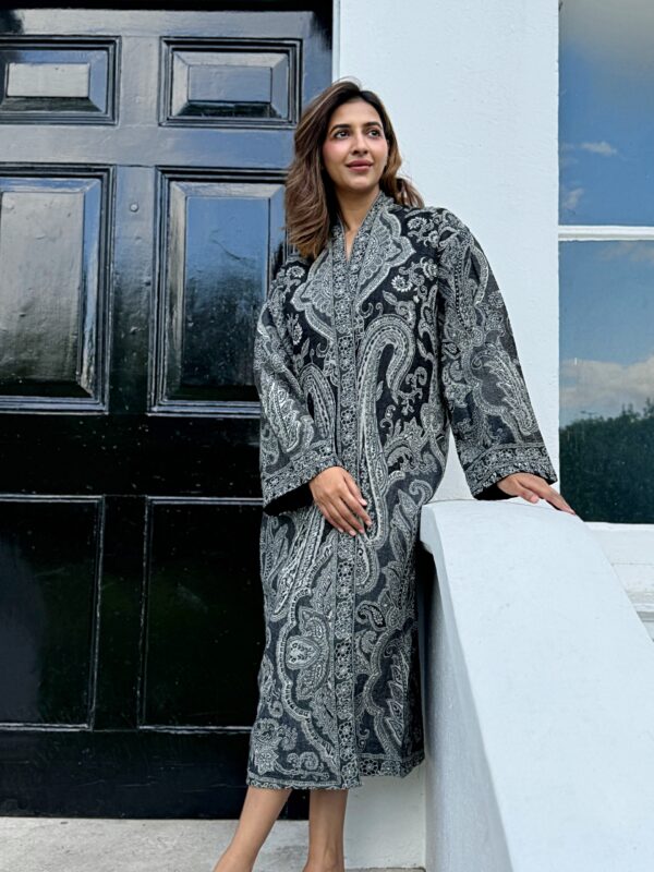 Luxury Pure Merino Boiled Wool Unisex Paisley Floral Kimono Jacket Robe | Persian Steel Black Baroque White Mughal Paisley Winter | Love Gift