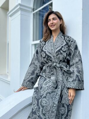 Luxury Pure Merino Boiled Wool Unisex Paisley Floral Kimono Jacket Robe | Persian Steel Black Baroque White Mughal Paisley Winter | Love Gift - Image 2