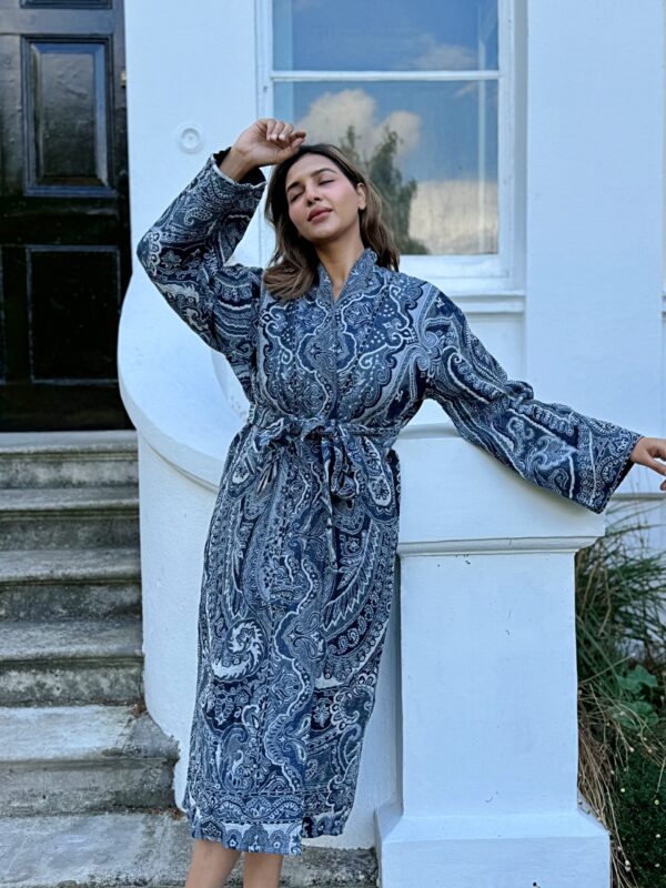Luxury Pure Merino Boiled Wool Unisex Paisley Floral Kimono Jacket Robe | Persian Steel Black Baroque White Mughal Paisley Winter | Love Gift