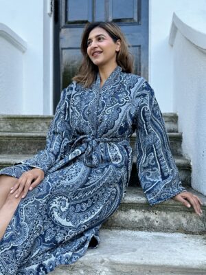 Luxury Pure Merino Boiled Wool Unisex Paisley Floral Kimono Jacket Robe | Persian Steel Black Baroque White Mughal Paisley Winter | Love Gift - Image 3