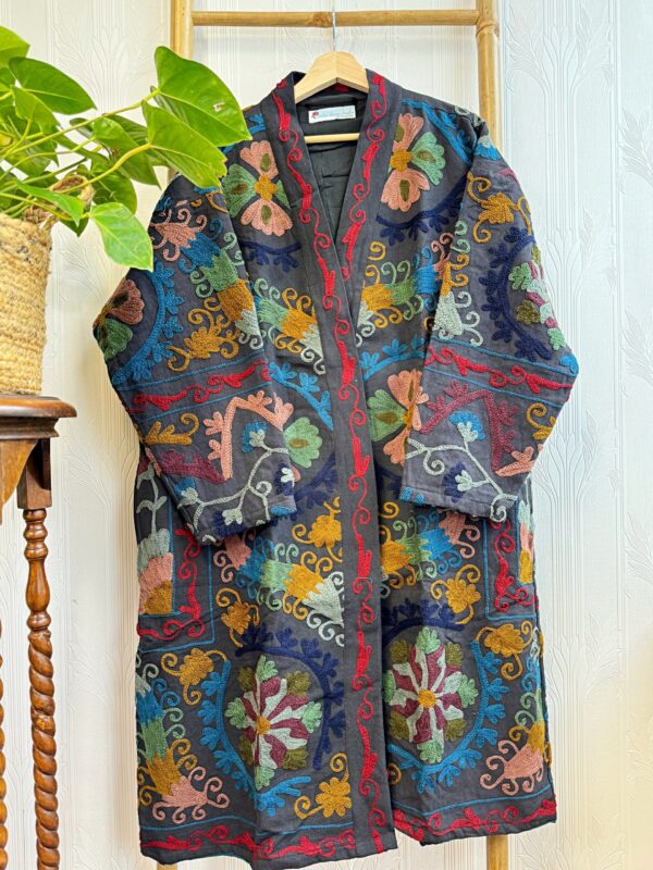 Suzani Hand Embroidered Long Jacket | Winter Boho Crewel | Christmas Special Gift | Classic Matt Black Muted Mustard Blue Red