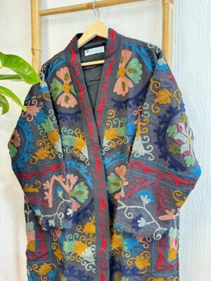 Suzani Hand Embroidered Long Jacket | Winter Boho Crewel | Christmas Special Gift | Classic Matt Black Muted Mustard Blue Red - Image 3