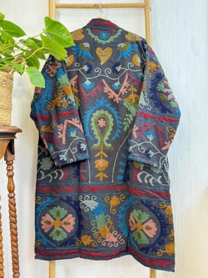 Suzani Hand Embroidered Long Jacket | Winter Boho Crewel | Christmas Special Gift | Classic Matt Black Muted Mustard Blue Red - Image 4