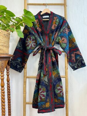 Suzani Hand Embroidered Long Jacket | Winter Boho Crewel | Christmas Special Gift | Classic Matt Black Muted Mustard Blue Red - Image 5