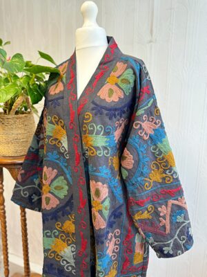 Suzani Hand Embroidered Long Jacket | Winter Boho Crewel | Christmas Special Gift | Classic Matt Black Muted Mustard Blue Red - Image 6