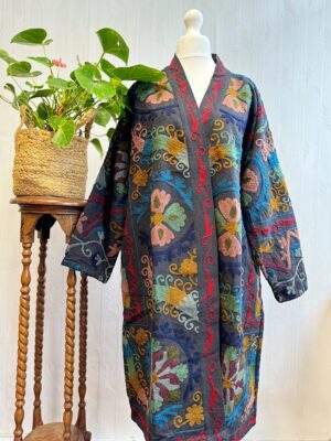 Suzani Hand Embroidered Long Jacket | Winter Boho Crewel | Christmas Special Gift | Classic Matt Black Muted Mustard Blue Red - Image 7