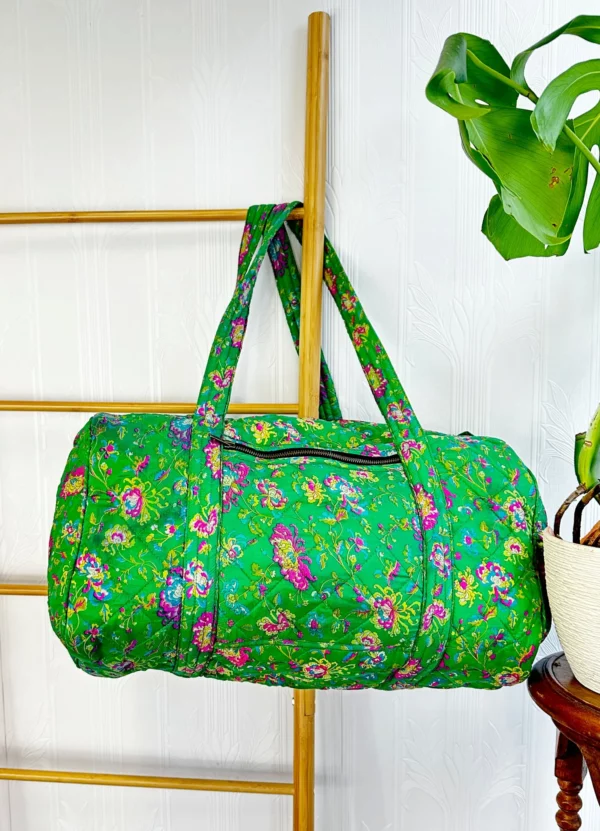 Quilted Silk Recycled Sari Duffle Tote Shoulder Green Bag | Eco friendly Sustainable Sturdy Travel Yoga Shop Beach | Artist Boho Weekender
