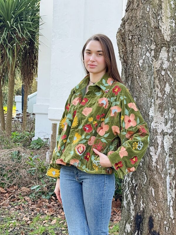 Velvet Embroidered Spring Floral Olive Green Peach Artisan Short Bolero Jacket | Festive Boho Gypsy | Luxury Special Gift