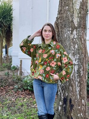 Velvet Embroidered Spring Floral Olive Green Peach Artisan Short Bolero Jacket | Festive Boho Gypsy | Luxury Special Gift - Image 2