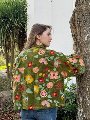 Velvet Embroidered Spring Floral Olive Green Peach Artisan Short Bolero Jacket | Festive Boho Gypsy | Luxury Special Gift - Image 3