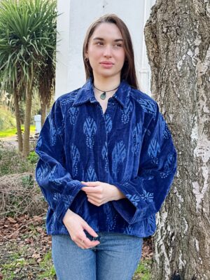 Velvet Embroidered Spring Floral Blue Ikat Motif Artisan Short Bolero Jacket | Elegant Luxury Special Mother Love Gift - Image 2