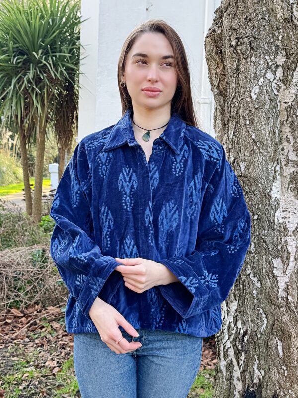 Velvet Embroidered Spring Floral Blue Ikat Motif Artisan Short Bolero Jacket | Elegant Luxury Special Mother Love Gift