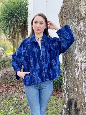 Velvet Embroidered Spring Floral Blue Ikat Motif Artisan Short Bolero Jacket | Elegant Luxury Special Mother Love Gift - Image 3