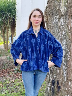 Velvet Embroidered Spring Floral Blue Ikat Motif Artisan Short Bolero Jacket | Elegant Luxury Special Mother Love Gift - Image 4