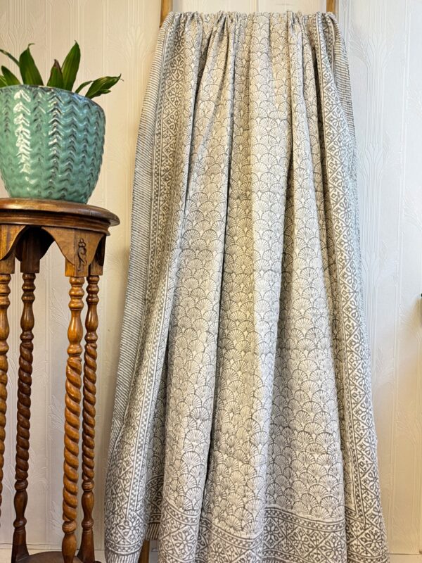 Kantha Stitch Pure Cotton Reversible Bed/Sofa Throw King Size | Handmade Floral Dohar | Japanese Oriental Wave Fan Grey White