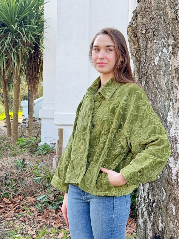 Velvet Embroidered Spring Floral Olive Green Tone on Tone | Artisan Short Bolero Jacket | Elegant Luxury Special Mother Love Gift