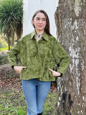 Velvet Embroidered Spring Floral Olive Green Tone on Tone | Artisan Short Bolero Jacket | Elegant Luxury Special Mother Love Gift - Image 2