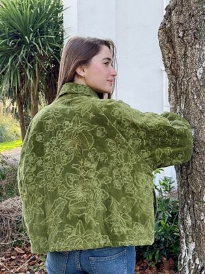 Velvet Embroidered Spring Floral Olive Green Tone on Tone | Artisan Short Bolero Jacket | Elegant Luxury Special Mother Love Gift - Image 3