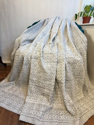Kantha Stitch Pure Cotton Reversible Bed/Sofa Throw King Size | Handmade Floral Dohar | Japanese Oriental Wave Fan Grey White - Image 4