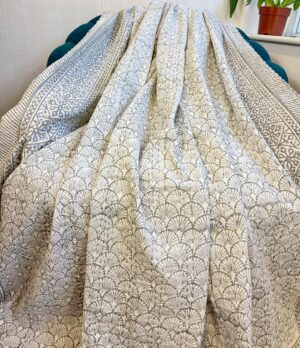 Kantha Stitch Pure Cotton Reversible Bed/Sofa Throw King Size | Handmade Floral Dohar | Japanese Oriental Wave Fan Grey White - Image 5