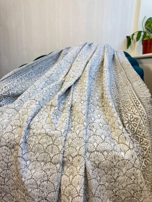 Kantha Stitch Pure Cotton Reversible Bed/Sofa Throw King Size | Handmade Floral Dohar | Japanese Oriental Wave Fan Grey White - Image 6
