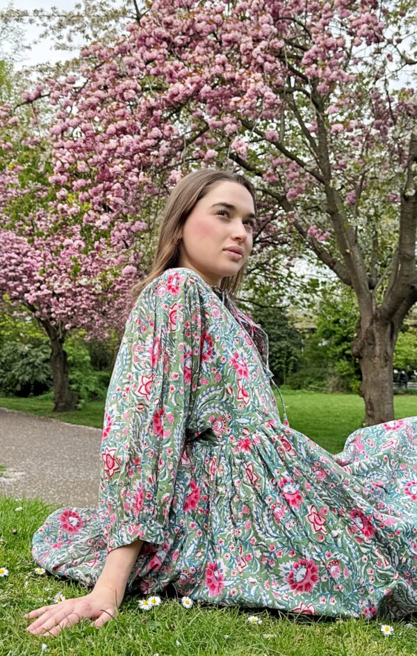 Pure Cotton Long Dress Indian Block Print Boho Colourful Summer Earthy Elegant Comfy Daywear Mom Outfit| Green Pink Dream Garden