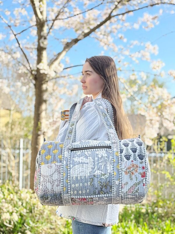 Quilted Patchwork Duffle Tote Shoulder Grey Bag Cotton Eco friendly Sustainable Sturdy Travel | Yoga Shopping Beach Artist Boho Weekender