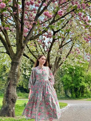 Pure Cotton Long Dress Indian Block Print Boho Colourful Summer Earthy Elegant Comfy Daywear Mom Outfit| Green Pink Dream Garden - Image 2
